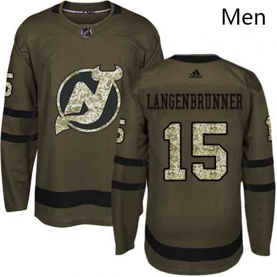 Mens Adidas New Jersey Devils 15 Jamie Langenbrunner Authentic Green Salute to Service NHL Jersey